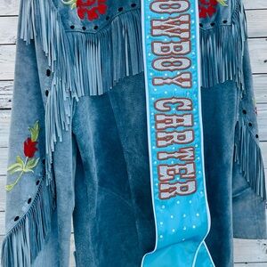 Custom “Cowboy Carter” Embroidered Rhinestone Blue Satin Western Pageant Style